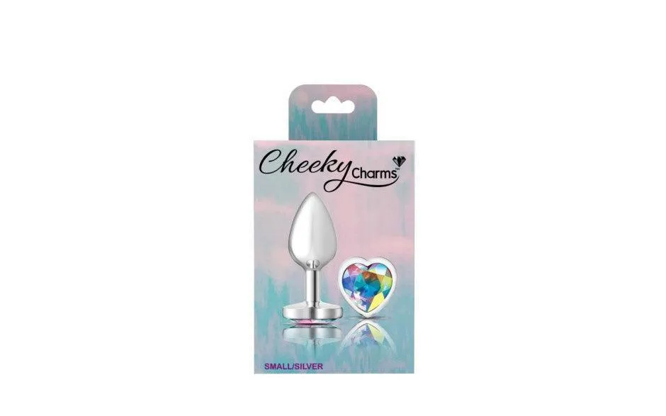 Cheeky Charms Silver Metal  Butt Plug w Heart Clear Jewel Small