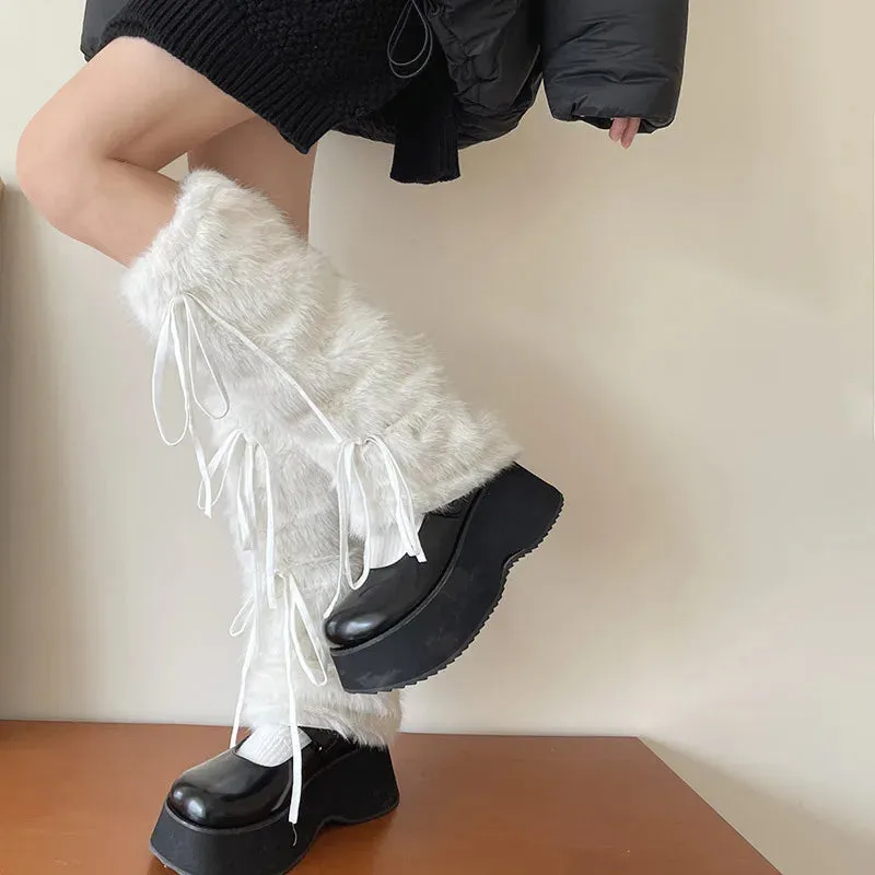 JK White Bow Tie Leg Warmers with Faux Rabbit Fur Ball  Thick Plush Y2K Winter Boots Cover Socks