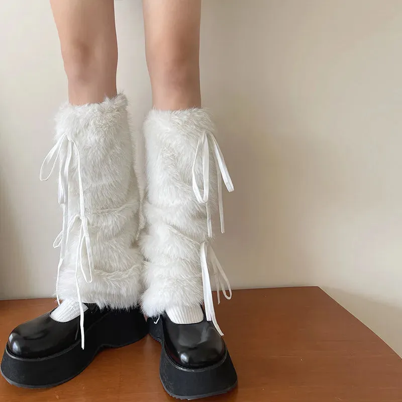JK White Bow Tie Leg Warmers with Faux Rabbit Fur Ball  Thick Plush Y2K Winter Boots Cover Socks