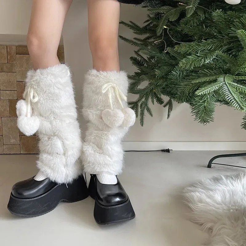 JK White Bow Tie Leg Warmers with Faux Rabbit Fur Ball  Thick Plush Y2K Winter Boots Cover Socks