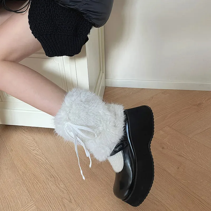 JK White Bow Tie Leg Warmers with Faux Rabbit Fur Ball  Thick Plush Y2K Winter Boots Cover Socks
