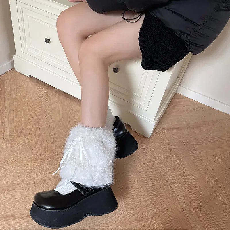 JK White Bow Tie Leg Warmers with Faux Rabbit Fur Ball  Thick Plush Y2K Winter Boots Cover Socks