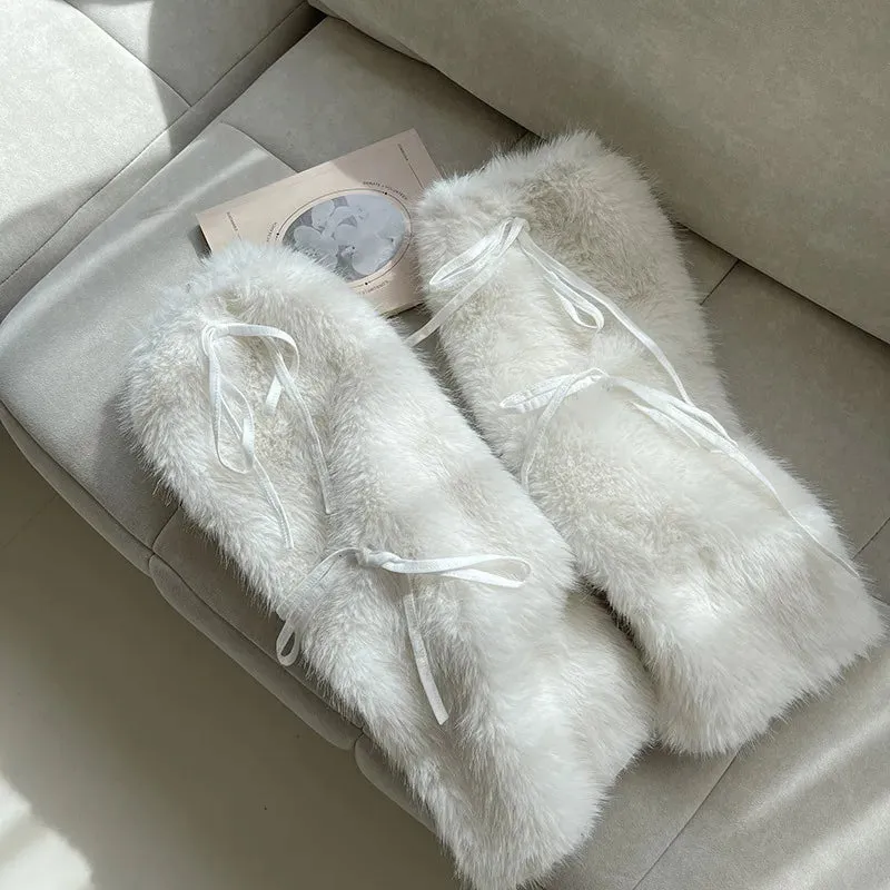 JK White Bow Tie Leg Warmers with Faux Rabbit Fur Ball  Thick Plush Y2K Winter Boots Cover Socks