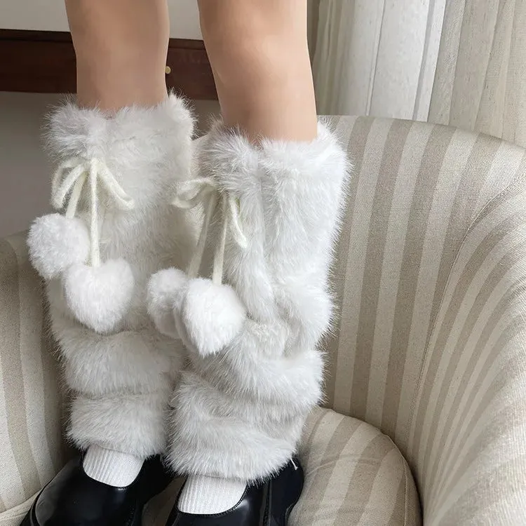 JK White Bow Tie Leg Warmers with Faux Rabbit Fur Ball  Thick Plush Y2K Winter Boots Cover Socks