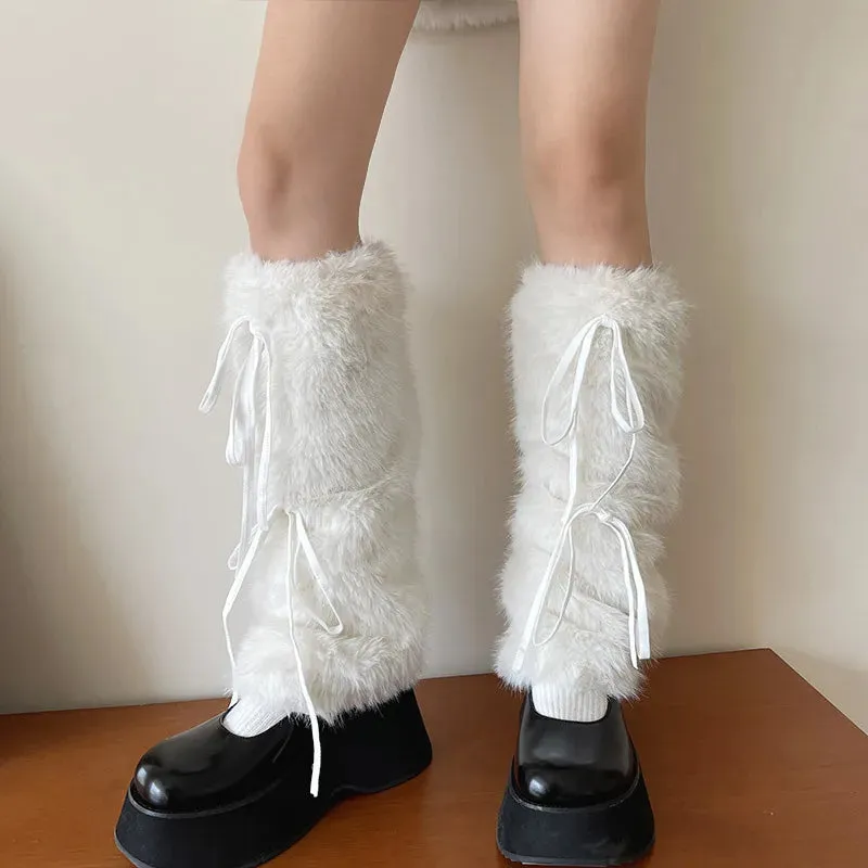 JK White Bow Tie Leg Warmers with Faux Rabbit Fur Ball  Thick Plush Y2K Winter Boots Cover Socks