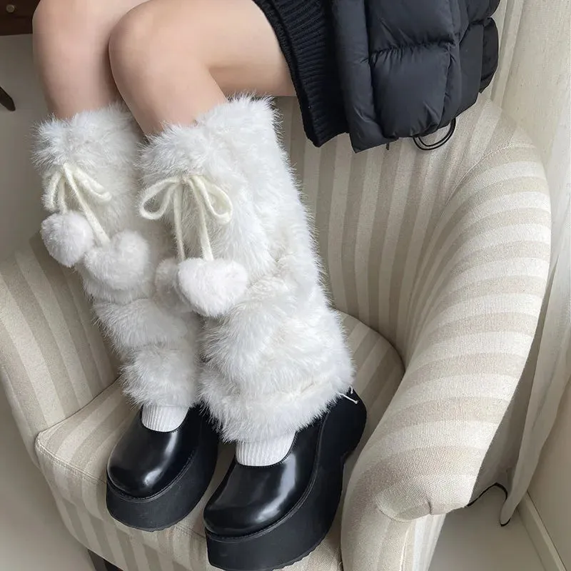 JK White Bow Tie Leg Warmers with Faux Rabbit Fur Ball  Thick Plush Y2K Winter Boots Cover Socks