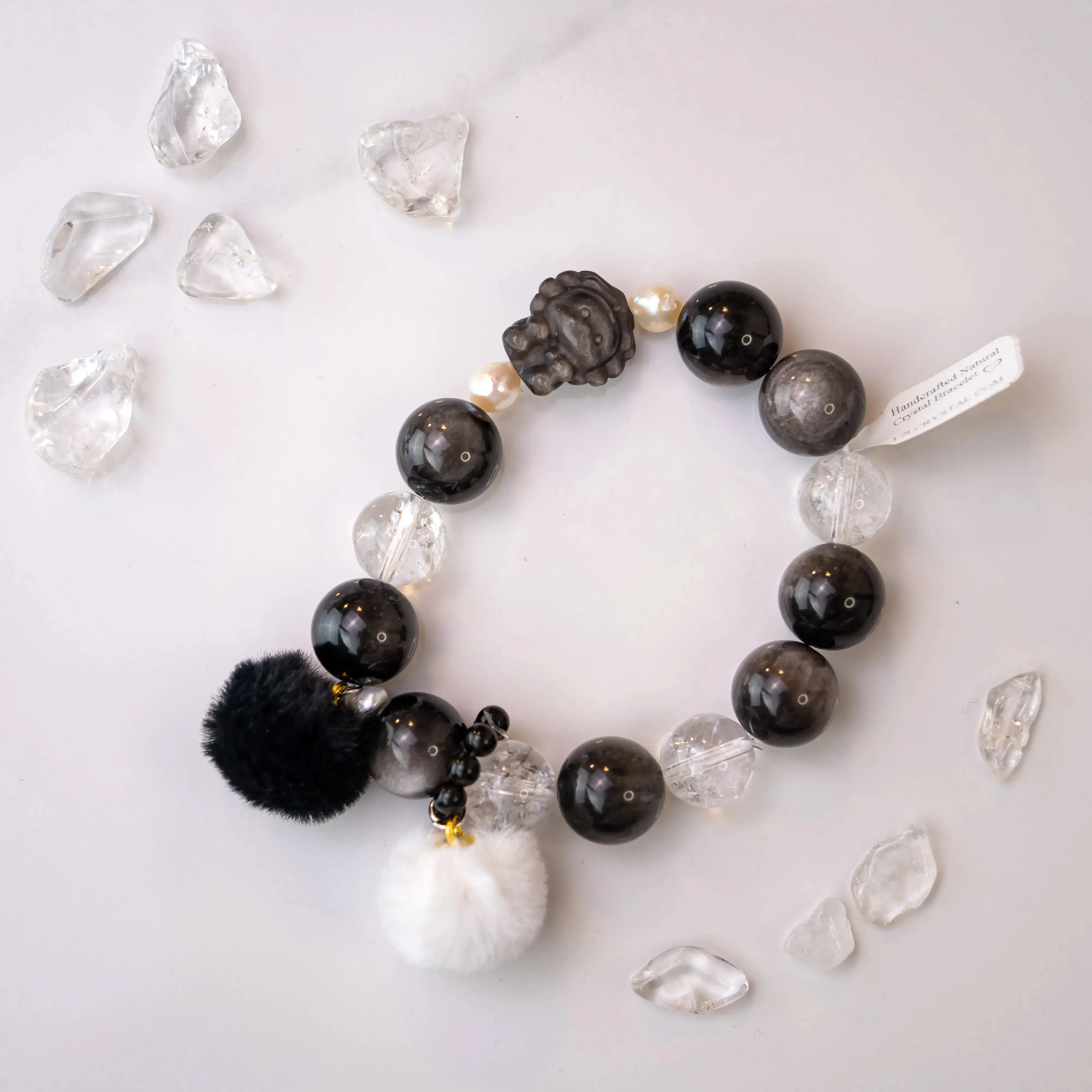 Natural Pearl Obsidian Lion Charm Bracelet