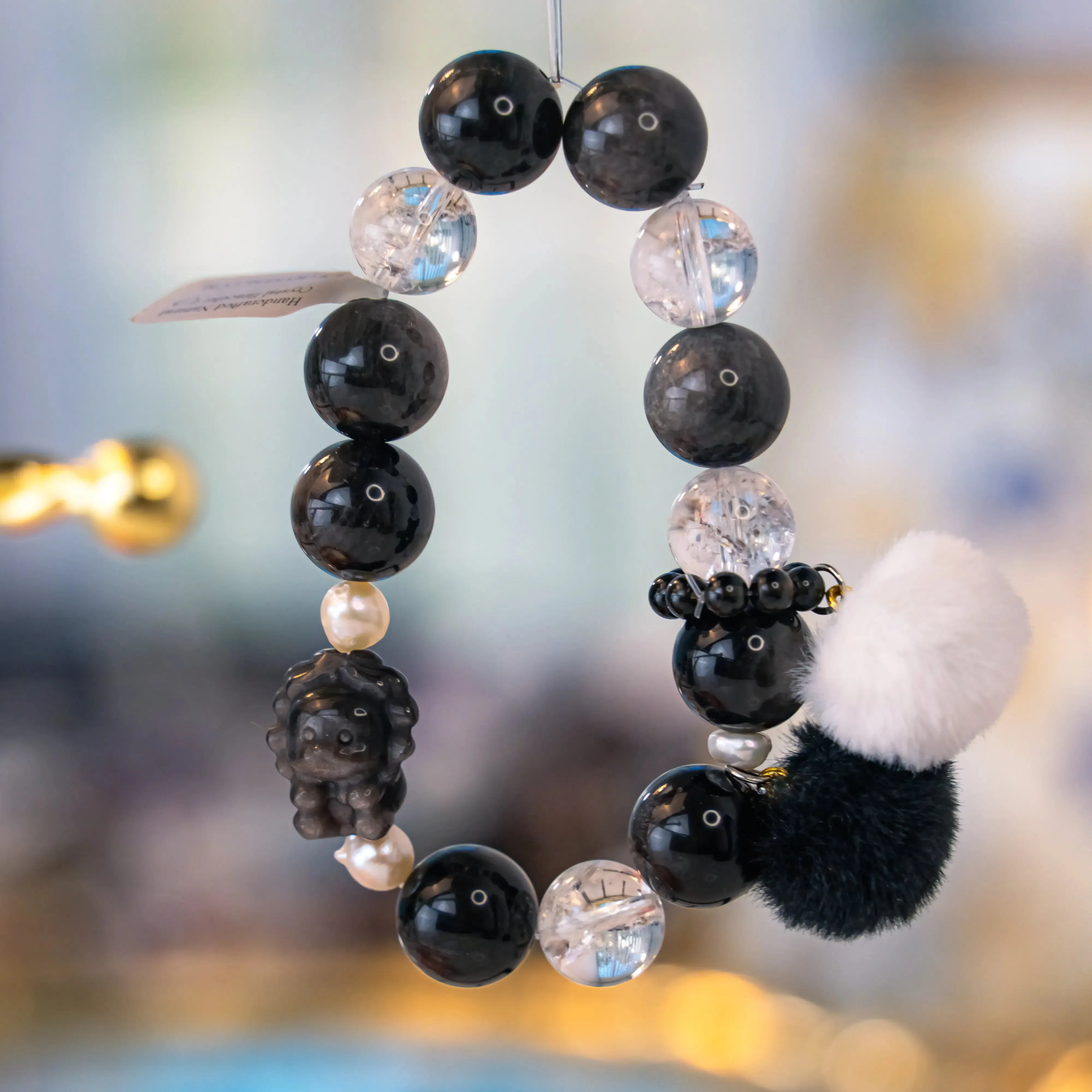 Natural Pearl Obsidian Lion Charm Bracelet