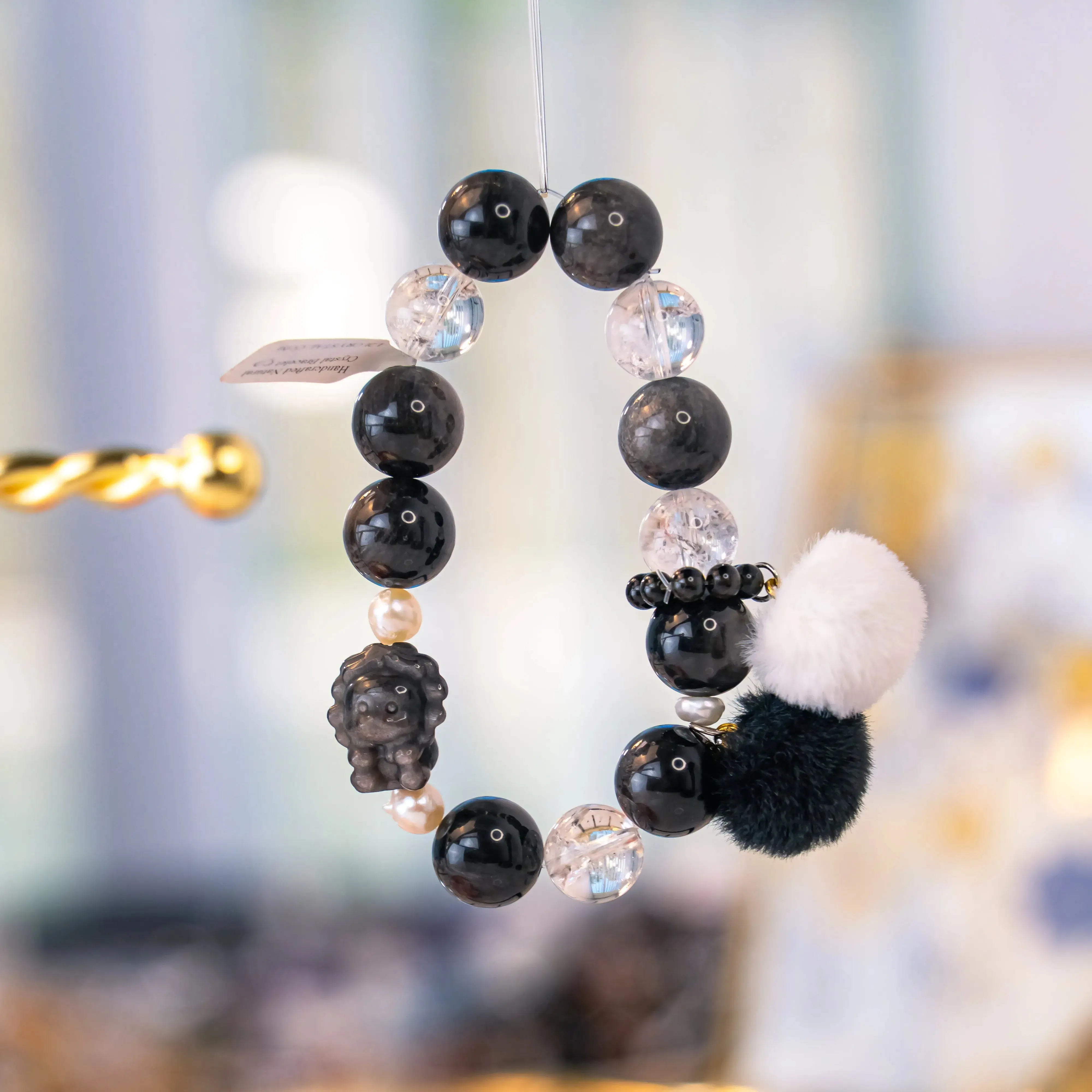 Natural Pearl Obsidian Lion Charm Bracelet