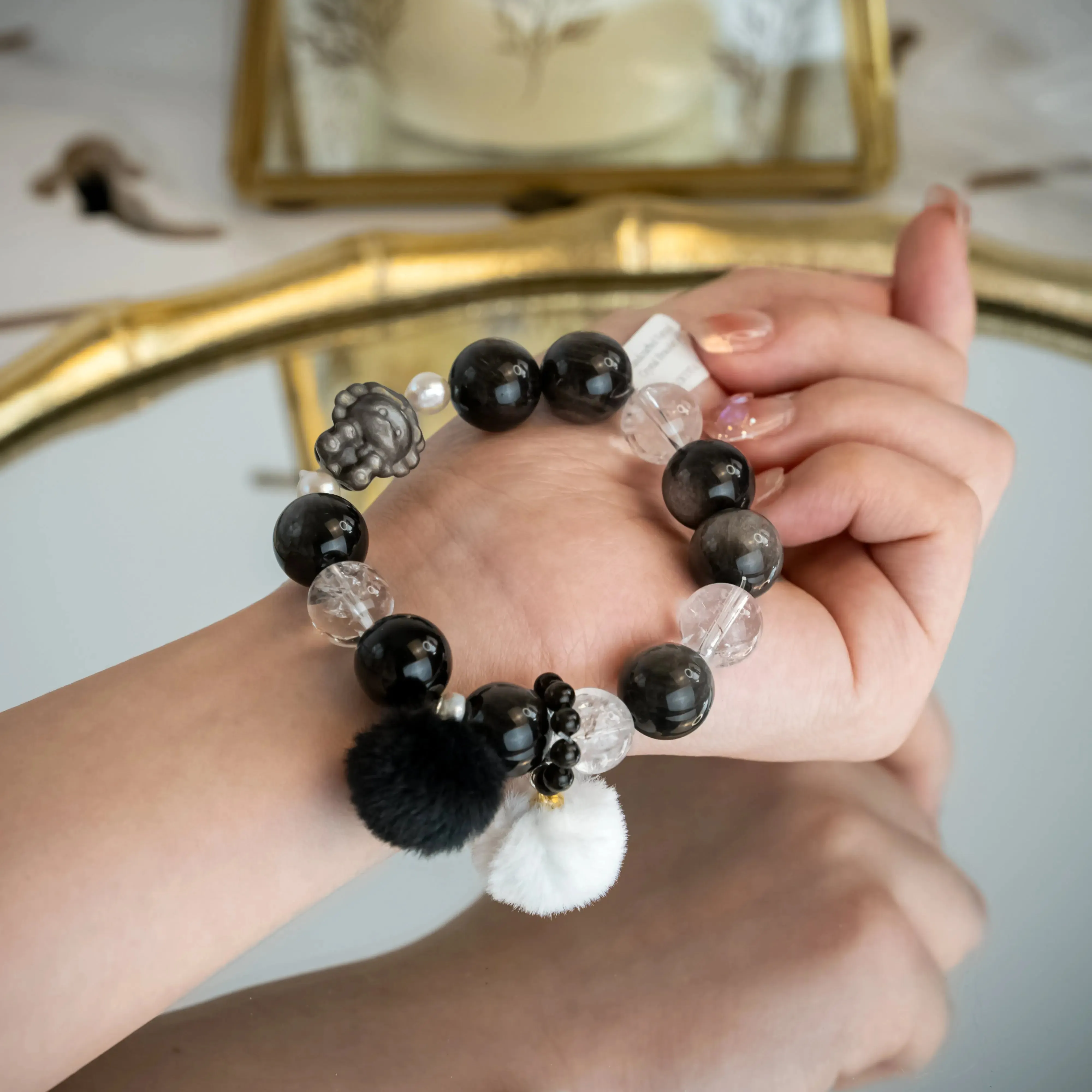 Natural Pearl Obsidian Lion Charm Bracelet