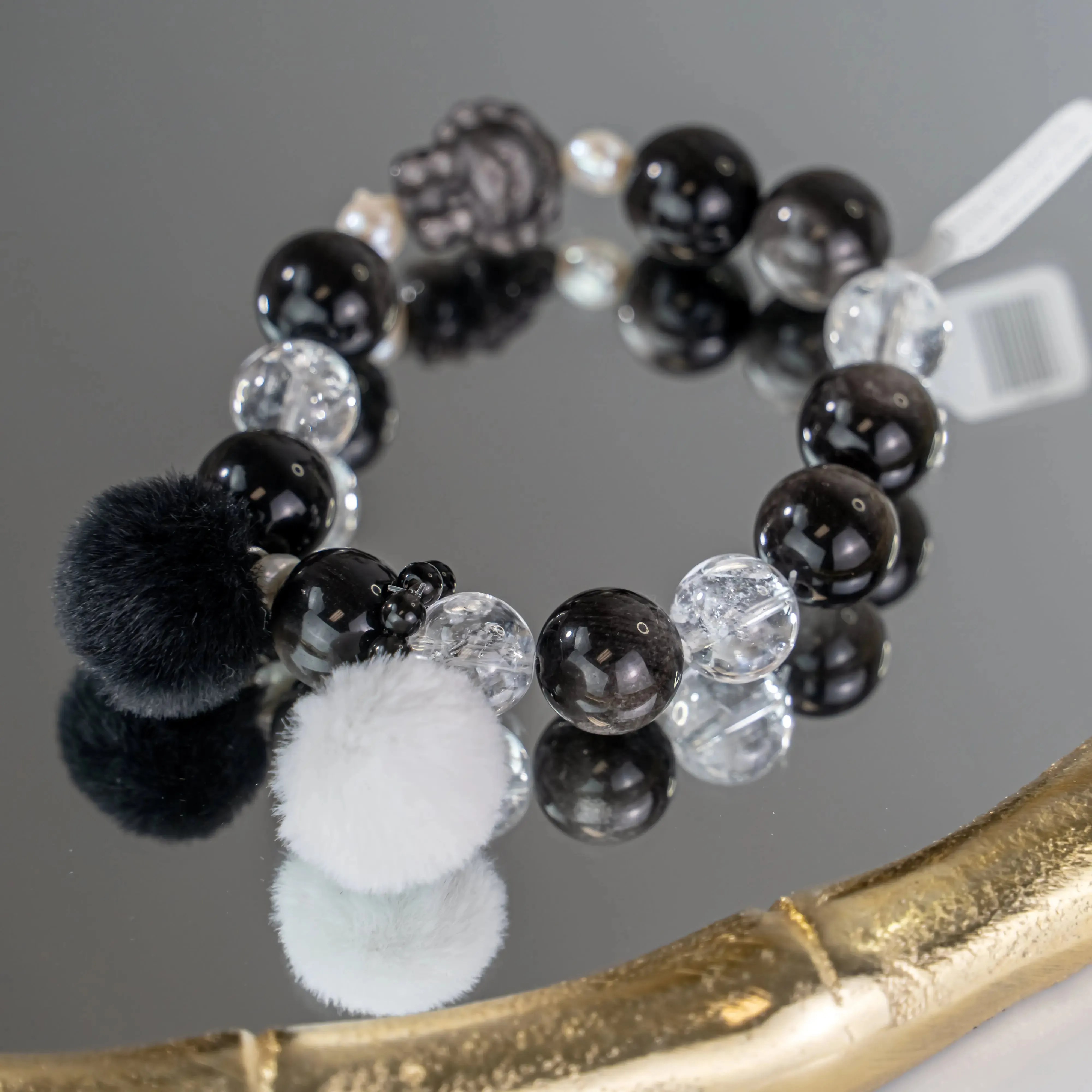 Natural Pearl Obsidian Lion Charm Bracelet