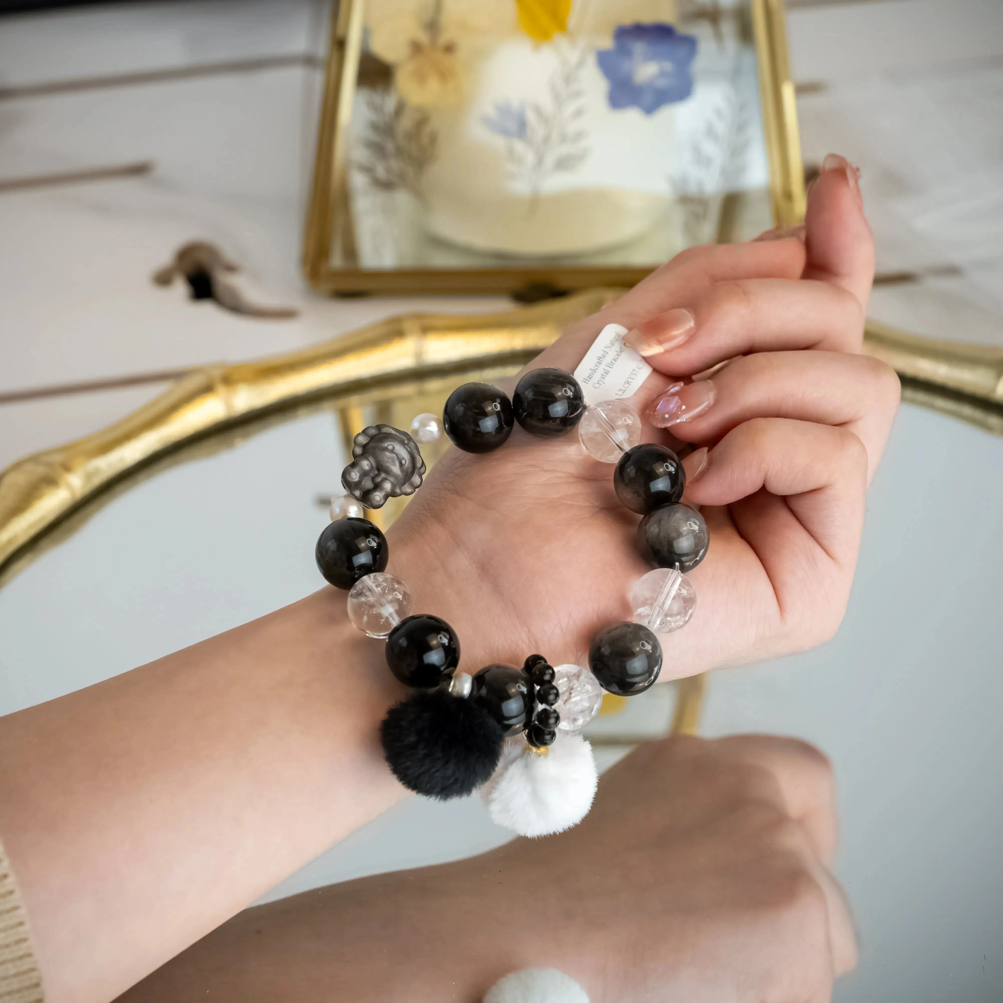 Natural Pearl Obsidian Lion Charm Bracelet