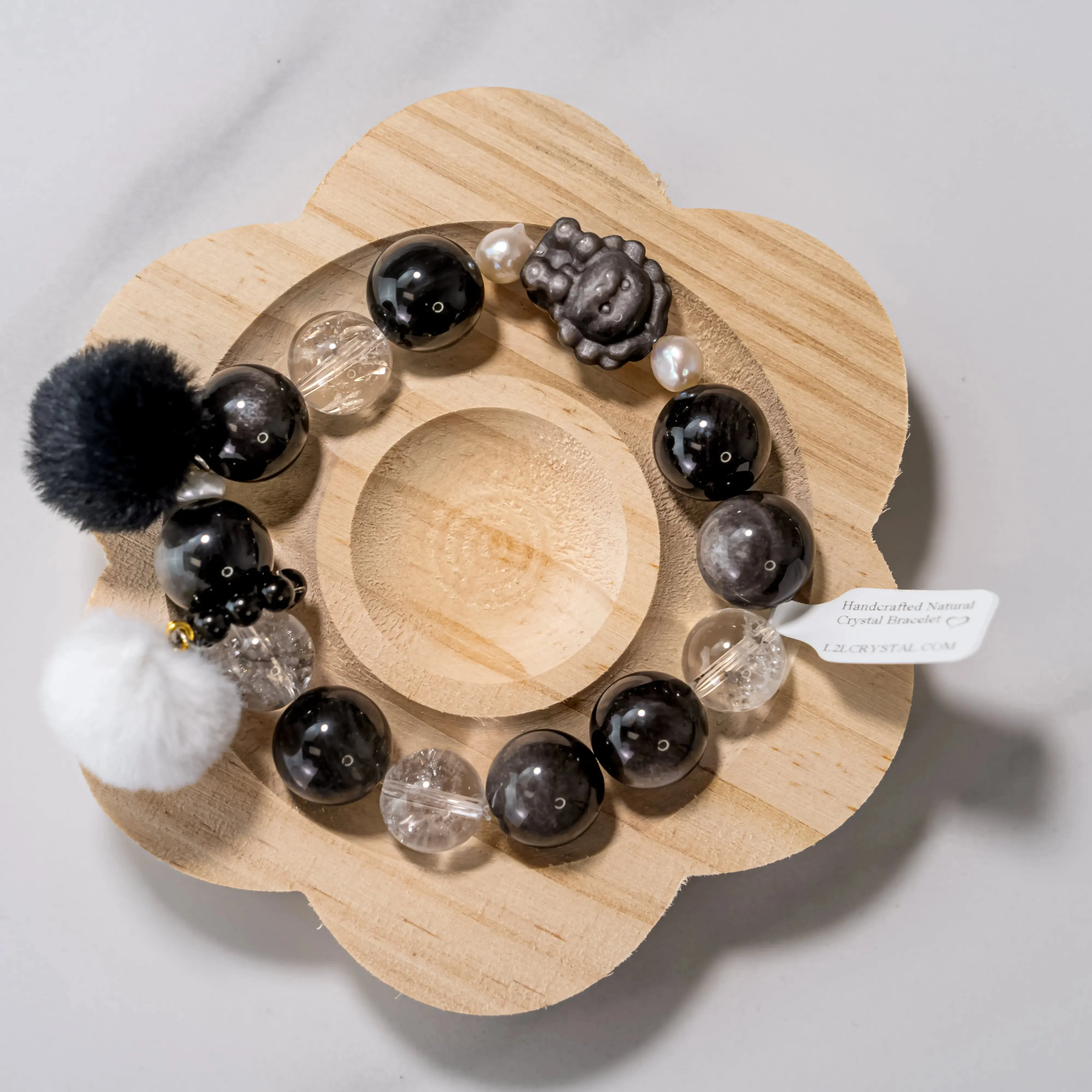 Natural Pearl Obsidian Lion Charm Bracelet