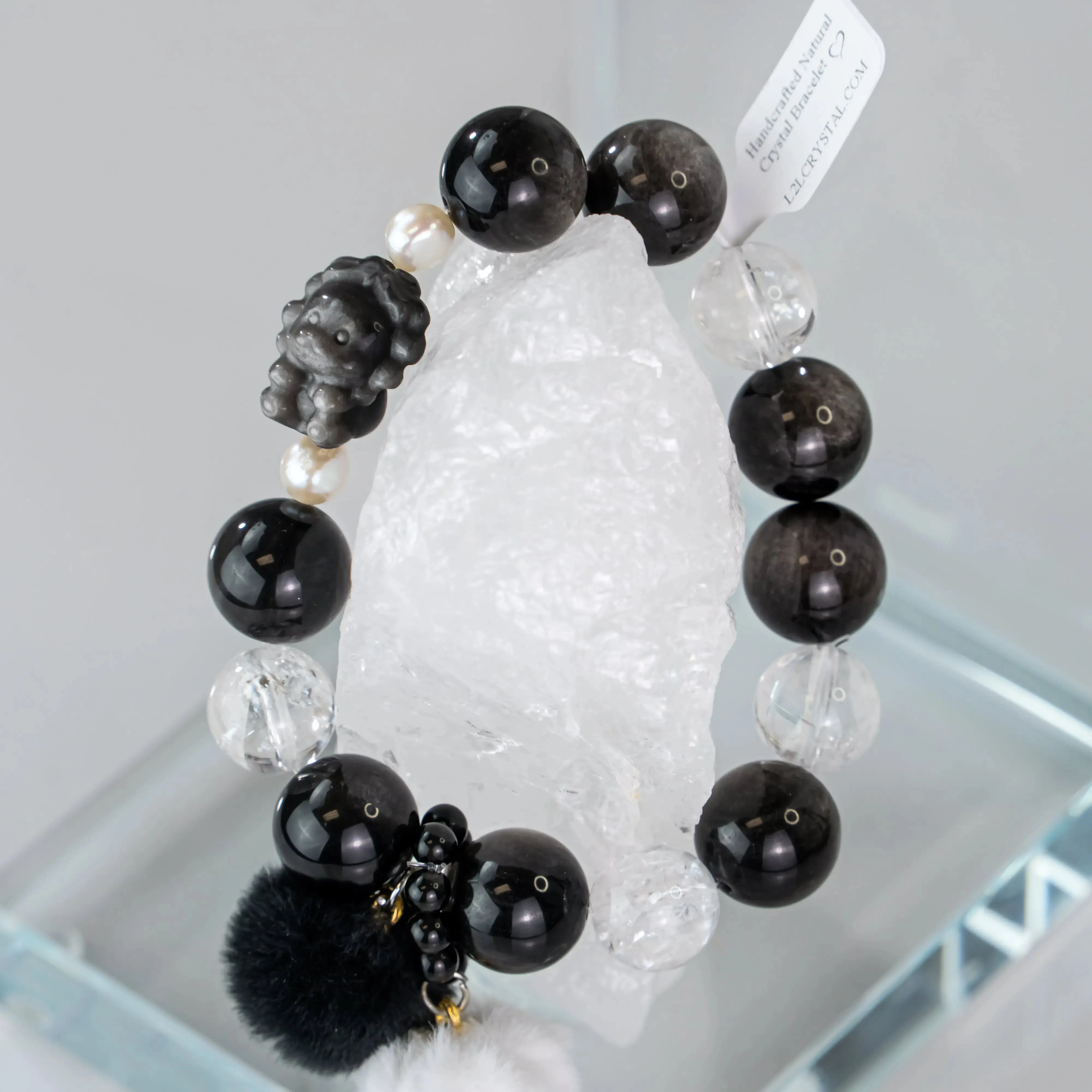 Natural Pearl Obsidian Lion Charm Bracelet