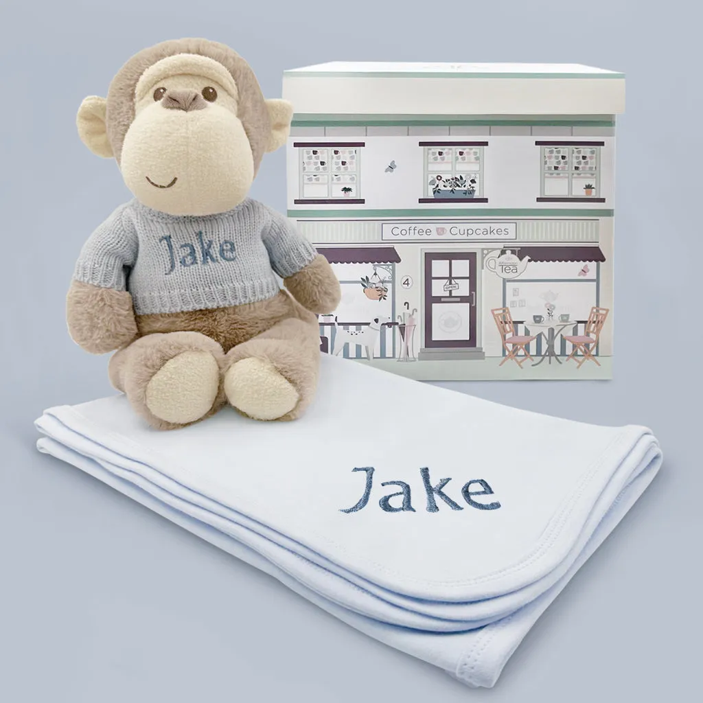 Personalised Morris Monkey Soft Toy With Snuggle Wrap, Blue