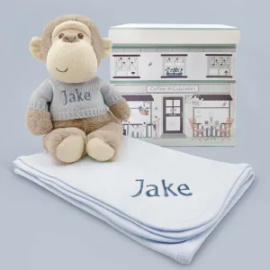Personalised Morris Monkey Soft Toy With Snuggle Wrap, Blue