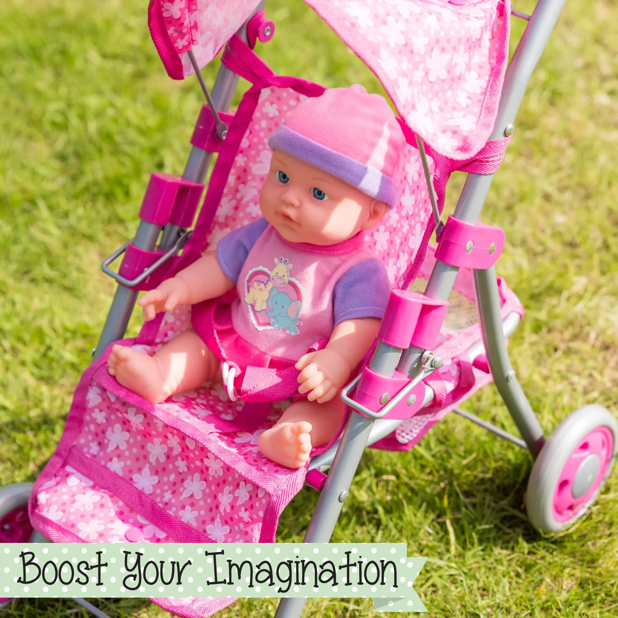 Toyrific Snuggles Deluxe Dolls Buggy | Collapsible Stroller, Toy Pram Pushchair for Kids, Girls, Pink